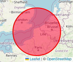 Map showing area served by SousLesManchots - a circle of ~220km radius centred somewhere near Calais