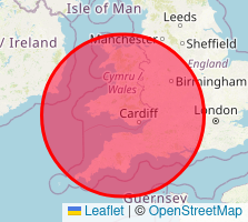Map showing area served by WestWanglish - a circle of ~220km radius centred roughly on Swansea
